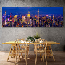 Load image into Gallery viewer, midtown  manhattan  canvas  print  empire  state  building  canvas  artwork  nyc  at  blue  night  1  piece  canvas  wall  art  yellow  city  lights  wide  canvas In Dinning Room
