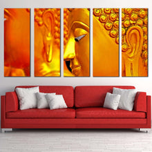 Load image into Gallery viewer, mind soul canvas wall art gold statue close up multiple canvas yellow peaceful buddha 5 piece canvas For Living room
