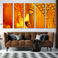 Load image into Gallery viewer, mind soul canvas wall art gold statue close up multiple canvas yellow peaceful buddha 5 piece canvas In Living Room
