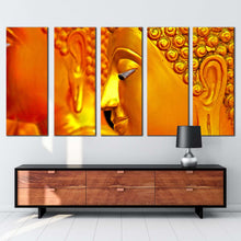 Load image into Gallery viewer, mind soul canvas wall art gold statue close up multiple canvas yellow peaceful buddha 5 piece canvas
