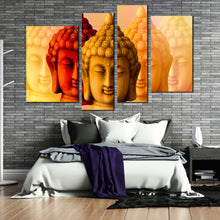 Load image into Gallery viewer, mind soul canvas wall art meditation buddha shadows 4 piece canvas set yellow red buddha faces canvas print
