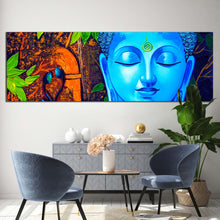 Load image into Gallery viewer, mind  soul  canvas  wall  art  peaceful  buddha  meditation  canvas  panoramic  canvas  artwork  blue  buddha  face  canvas  print In Living Room
