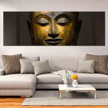 Load image into Gallery viewer, mind  soul  canvas  wall  art  peaceful  buddha  meditation  canvas  panoramic  canvas  artwork  yellow  grey  buddha  face  canvas  print In Living Room
