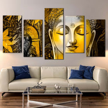 Load image into Gallery viewer, mind soul canvas wall art yellow buddha face 5 piece canvas print buddha meditation multiple canvas In Living Room
