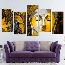 Load image into Gallery viewer, mind soul canvas wall art yellow buddha face 5 piece canvas print buddha meditation multiple canvas For Your Living room
