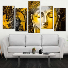 Load image into Gallery viewer, mind soul canvas wall art yellow buddha face 5 piece canvas print buddha meditation multiple canvas For Living room
