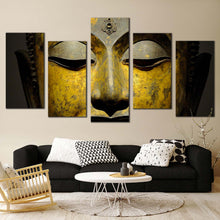 Load image into Gallery viewer, mind soul canvas wall art yellow grey buddha face 5 piece canvas print buddha meditation canvas set In Living room
