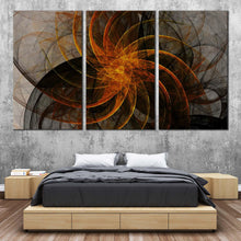 Load image into Gallery viewer, modern abstract canvas wall art grey abstract patterns triptych multi canvas artwork black orange abstract fractal 3 piece canvas print In Bedroom
