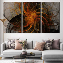 Load image into Gallery viewer, modern abstract canvas wall art grey abstract patterns triptych multi canvas artwork black orange abstract fractal 3 piece canvas print In Living Room
