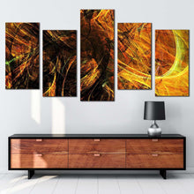 Load image into Gallery viewer, modern abstract canvas wall art yellow abstract digital artwork canvas print black 3d abstract fractal bright 5 piece multiple canvas In Living Room
