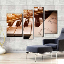 Load image into Gallery viewer, modern music canvas wall art golden flute music composition 4 piece canvas print black white piano multi canvas artwork for your living room
