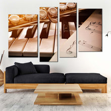 Load image into Gallery viewer, modern music canvas wall art golden flute music composition 4 piece canvas print black white piano multi canvas artwork
