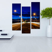 Load image into Gallery viewer, modern  Moving  car  light  trail  through  twilight  city  roads  at  night  3  piece  wall  decor
