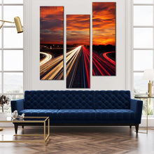 Load image into Gallery viewer, modern  Moving  car  light  trail  through  twilight  city  roads  at  night  3  piece  wall  decor In Living Room
