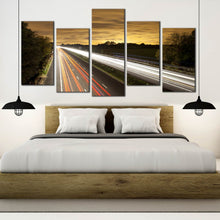 Load image into Gallery viewer, modern city traffic lights trail at dark 5 panel canvas print For Your Bedroom
