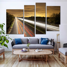 Load image into Gallery viewer, modern motorway bridge traffic lights trail at dark 4 piece canvas print
