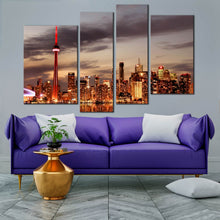 Load image into Gallery viewer, modern sunset view of toronto skyline cityspace 4 piece wall decor 
