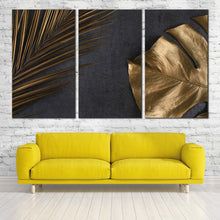 Load image into Gallery viewer, monstera leaves canvas print abstract golden palm 3 piece canvas wall art abstract elegance multiple canvas In Living Room
