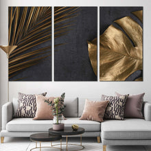 Load image into Gallery viewer, monstera leaves canvas print abstract golden palm 3 piece canvas wall art abstract elegance multiple canvas For Living Room
