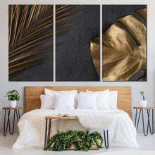 Load image into Gallery viewer, monstera leaves canvas print abstract golden palm 3 piece canvas wall art abstract elegance multiple canvas For Bedroom
