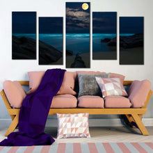 Load image into Gallery viewer, moon ocean canvas wall art blue cloudy full moon ocean 5 piece canvas print brown rock beach at night multi canvas artwork For Living room
