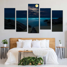 Load image into Gallery viewer, moon ocean canvas wall art blue cloudy full moon ocean 5 piece canvas print brown rock beach at night multi canvas artwork For Your Bedroom
