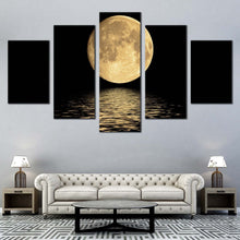 Load image into Gallery viewer, moon ocean canvas wall art yellow full moon seascape 5 piece canvas black sky ocean waves canvas print In Living Room
