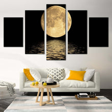 Load image into Gallery viewer, moon ocean canvas wall art yellow full moon seascape 5 piece canvas black sky ocean waves canvas print For Living room
