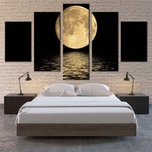 Load image into Gallery viewer, moon ocean canvas wall art yellow full moon seascape 5 piece canvas black sky ocean waves canvas print For Bedroom
