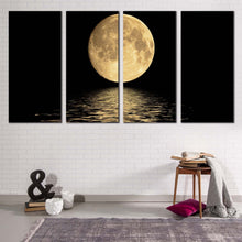 Load image into Gallery viewer, moon seascape canvas print black night sky ocean waves 4 piece canvas wall art yellow full moon ocean canvas set
