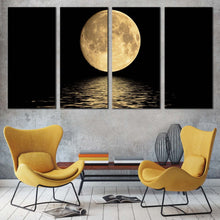 Load image into Gallery viewer, moon seascape canvas print black night sky ocean waves 4 piece canvas wall art yellow full moon ocean canvas set For Your Living Room
