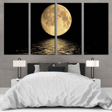 Load image into Gallery viewer, moon seascape canvas print black night sky ocean waves 4 piece canvas wall art yellow full moon ocean canvas set For Bedroom
