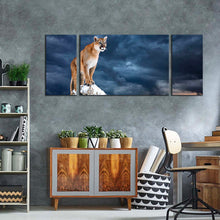 Load image into Gallery viewer, mountain lion canvas print cougar white mountain sky triptych canvas set brown puma animal 3 piece canvas wall art
