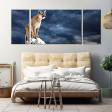 Load image into Gallery viewer, mountain lion canvas print cougar white mountain sky triptych canvas set brown puma animal 3 piece canvas wall art For Bedroom
