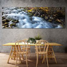 Load image into Gallery viewer, mountain  waterfall  canvas  wall  art  beautiful  white  sichuan  china  falls  panoramic  canvas  artwork  yellow  pine  forest  autumn  waterfall  wide  canvas  print In Dinning Room
