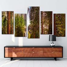 Load image into Gallery viewer, mountain waterfall canvas wall art california green scenery waterfalls 5 piece canvas print brown mountain yosemite waterfalls multiple canvas In Living room
