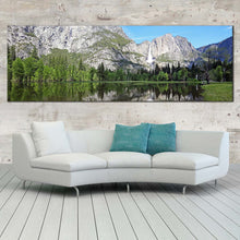 Load image into Gallery viewer, mountain  waterfall  canvas  wall  art  green  yosemite  national  park  1  piece  canvas  print  california  forest  white  waterfall  scenery  wide  canvas In Living Room
