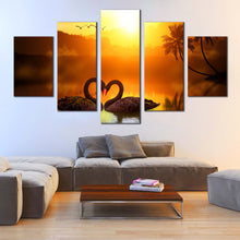 Load image into Gallery viewer, multi  panel  5  piece  canvas  print  black  swans  sunset  lake  romance  palm  trees In Living Room
