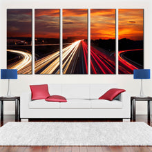 Load image into Gallery viewer, multi panel amazing Moving car light trail through twilight city roads 5 piece home decor In Living Room
