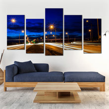 Load image into Gallery viewer, multi panel amazing Moving car light trail through twilight city roads 5 piece home decor In Living Room
