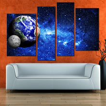 Load image into Gallery viewer, multi panel blue earth moon stars galaxy canvas wall art 
