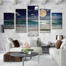 Load image into Gallery viewer, multi  panel  wall  art  beach  moon  at  night  5  panel  canvas  art In Living Room
