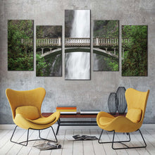 Load image into Gallery viewer, multnomah creek canvas print green forest waterfall scenery 5 piece multi canvas artwork white waterfall in oregon canvas wall art For Your Living room
