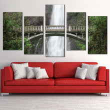 Load image into Gallery viewer, multnomah creek canvas print green forest waterfall scenery 5 piece multi canvas artwork white waterfall in oregon canvas wall art In Living Room
