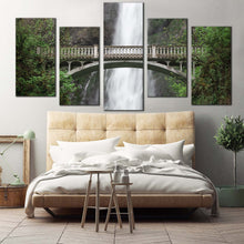 Load image into Gallery viewer, multnomah creek canvas print green forest waterfall scenery 5 piece multi canvas artwork white waterfall in oregon canvas wall art For Bedroom
