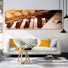 Load image into Gallery viewer, music  composition  canvas  wall  art  white  music  sheet  wide  canvas  piano  and  golden  flute  1  piece  canvas  print In Living Room
