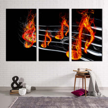 Load image into Gallery viewer, music harmony canvas wall art red burning music 3 piece canvas set black abstract curved music triptych canvas print
