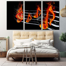 Load image into Gallery viewer, music harmony canvas wall art red burning music 3 piece canvas set black abstract curved music triptych canvas print For Bedroom
