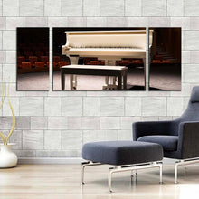 Load image into Gallery viewer, music instrument canvas wall art brown chairs piano concert 3 piece canvas print grand white piano multiple canvas For Living Room
