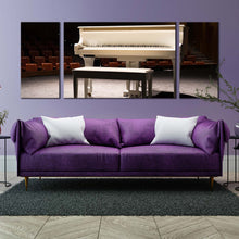 Load image into Gallery viewer, music instrument canvas wall art brown chairs piano concert 3 piece canvas print grand white piano multiple canvas In Living Room
